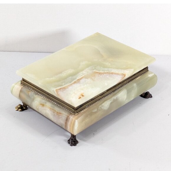 Italian Rectangular Green Onyx Marble Storage Box with Brass hardware and feet - Picture 2 of 15
